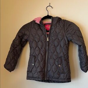 Pink Platinum Girls' Gray Quilted Hooded Puffer with Pink Lining